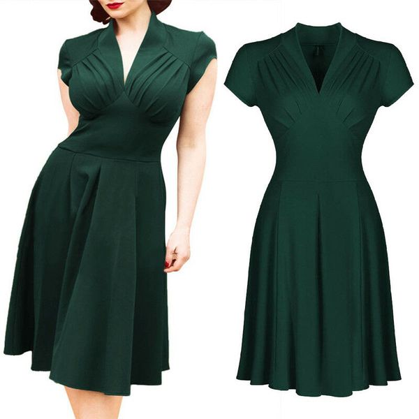 

women's vintage dress retro v-neck high waist party tea short dress, Black;gray