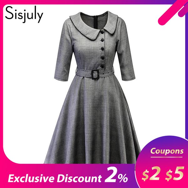 

sisjuly women spring fall winter peter pan collar single breasted belt black houndstooth plaid dress office lady work dresses, Black;gray