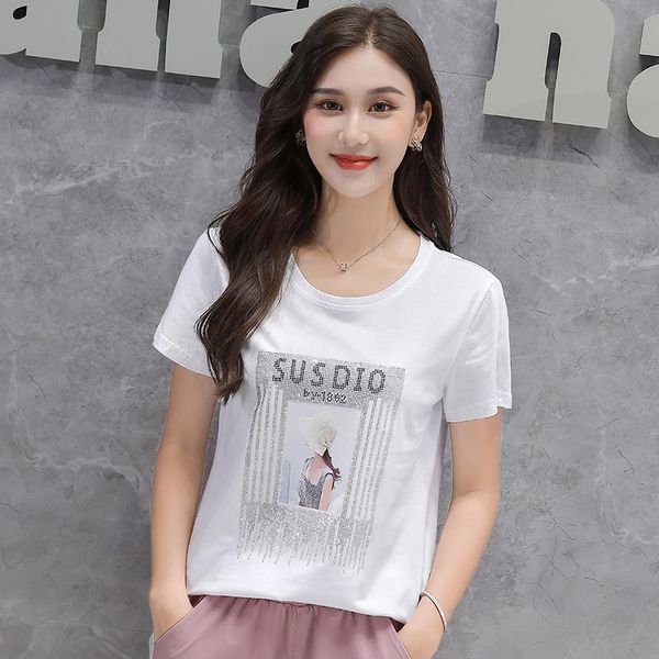 

women's short sleeve loose 2020 diamond printing cotton t-shirt half sleeve cotton t-shirt, White