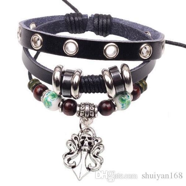 

men women punk skull bracelets colorful beaded leather alloy charm bracelets for girls jewelry christmas gift, Golden;silver