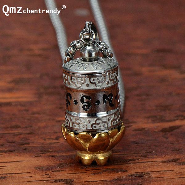 

titanium buddhism jewelry surangama mantra rotatable pendant sanskrit amulet necklace prayer wheel for men openable storage case, Silver
