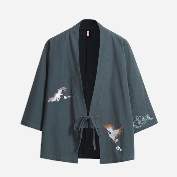 

2019 new brand loose embroidery kimono coat men japanese style yukata coat men vintage linen cotton han jacket, Black;brown
