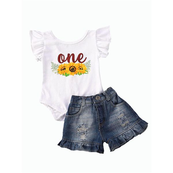 

2020 brand infant baby girls summer clothes sets 0-24m sunflowers print ruffles sleeve romper broken hole denim shorts, White