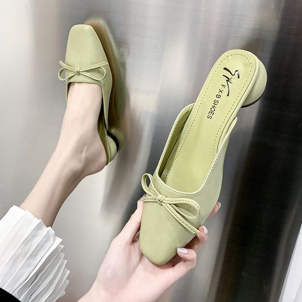 

pu leather bow low heel mules shoes women closed toe slippers sandals summer candy colors outdoor chunky heel sandals women 2020, Black