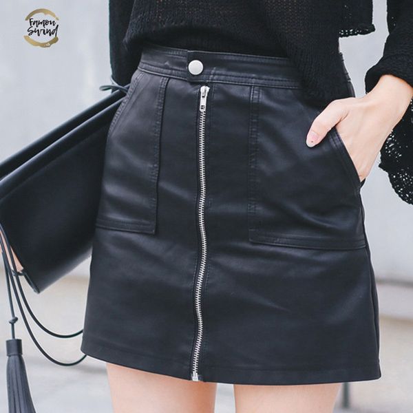 

autumn 2019 winter women skirt pu leather mini skirt with pockets zipper a-line package hip high waist women clothing, Black