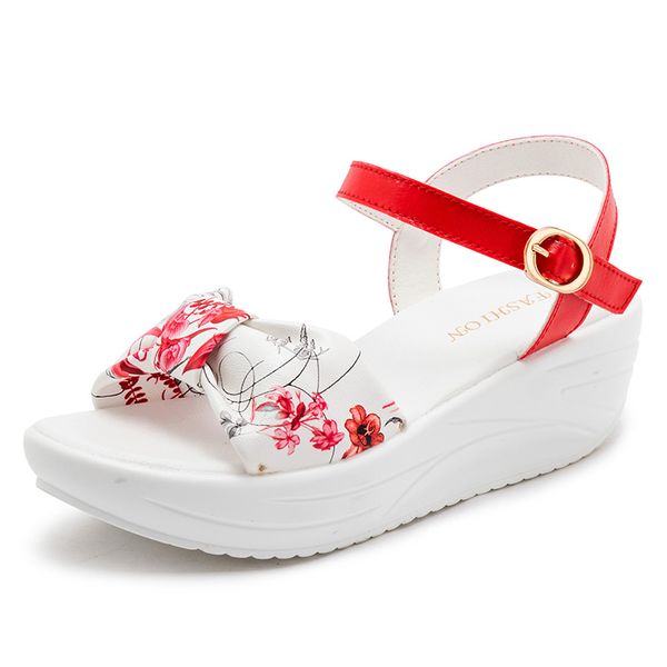 

fashion women sandals high heel platform sandals women casual comfortable floarl print bowknot buckle strap ladies shoes, Black
