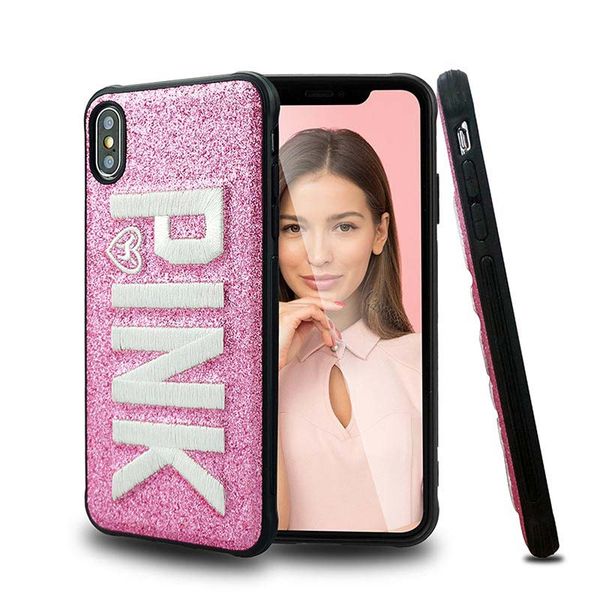 

Love Pink Case Fashion Design Glitter 3D Embroidery Cases For iPhone XR XS MAX iPhone 8 7 6 Plus Samsung S10E S10 Plus