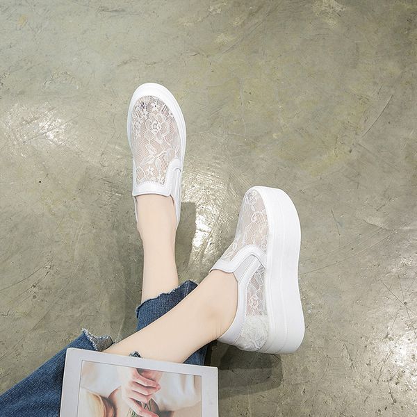 

spring/summer women fashion shoe casual cutouts lace canvas slip on shoes hollow floral breathable platform flat mesh shoe mc-14, Black