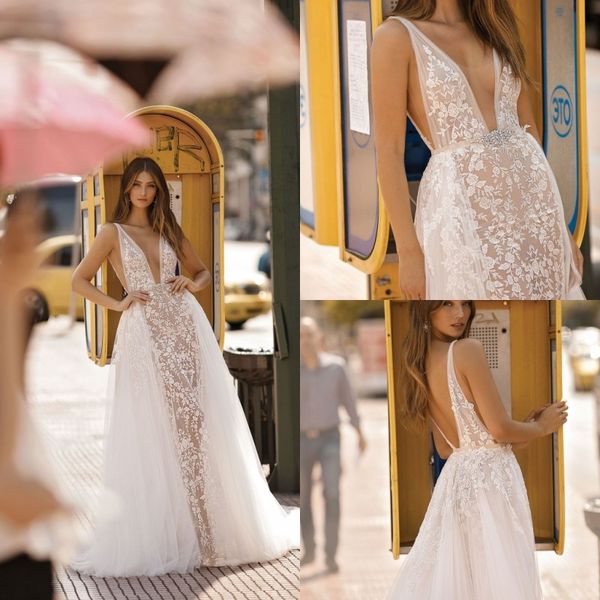 

berta 2019 wedding dresses deep v neck sleeveless lace appliques bridal gowns backless detachable train a-line wedding dress vestidos, White