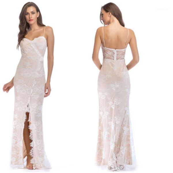 

lace dress women fashion new strap casual party split dresses female sleeveless business long dress backless white, White;black