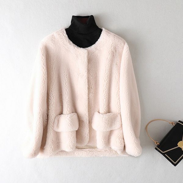 

abrigos mujer invierno 2019 winter coat women real price sheep fur jacket wool blends short clothing o-neck outerwear pink coat, Black