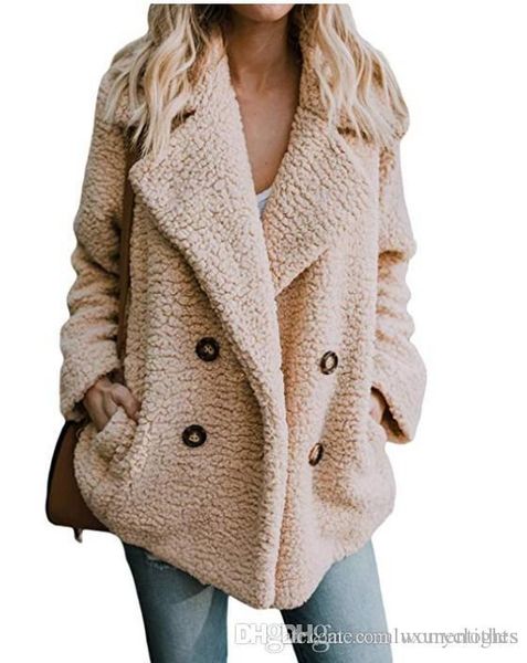 

women plush solid color jacket buttons turn down collar pocket designer winter coats, Black;brown