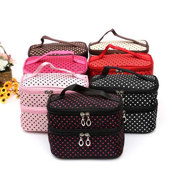 

black large capacity cosmetic bag woman dots portable storage makeup bags canvas beauty organiser handbag big travel bag