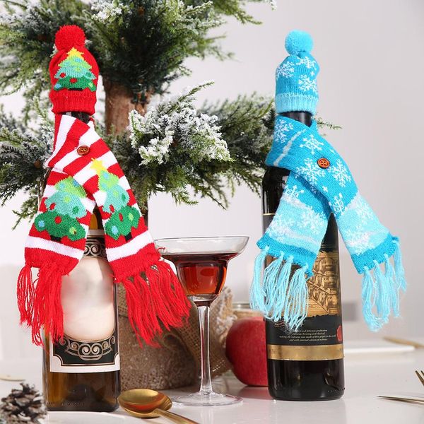 

christmas tree snowflake print wine bottle hat scarf cover dinner table party holiday decor