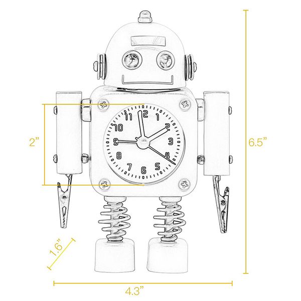 

non-ticking robot alarm clock stainless metal - wake-up clock with flashing eye lights and hand clip