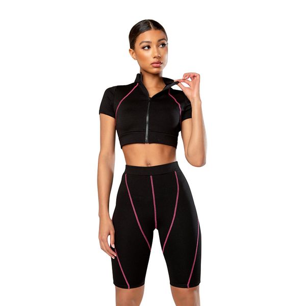 

women striped patchwork two pieces set short sleeve zipper turtleneck crop outfit elastic skinny shorts tracksuit, White;red