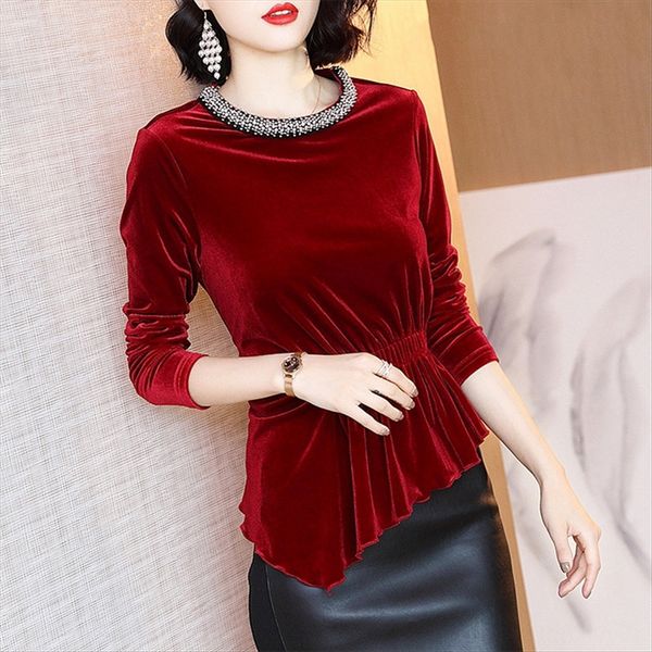 

красное золото бархат база перл рубашки 2019 западном стиле velvet талии верхняя женская бисером рубашка женская, White