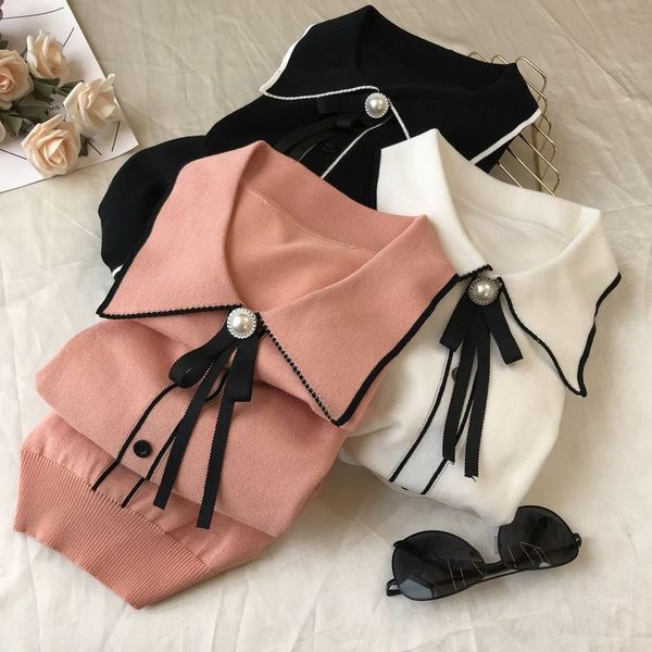 

свитер с коротким рукавом женщина 2020 весна осень новый стиль лук отложной воротник половина рукава рубашки свитер девушки дамы топы, White;black