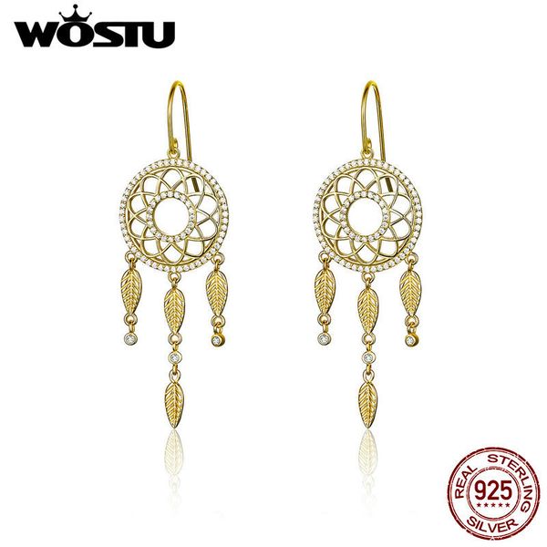 

wostu 100% 925 sterling silver dream catcher drop earrings zircon gold color dangle earrings for women luxury jewelry cte044