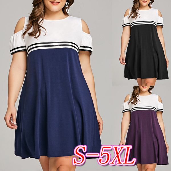 

женское дизайнерское платье большой с плеча контраст короткий рукав a-line полоса лоскутное свободное платье, Black;gray