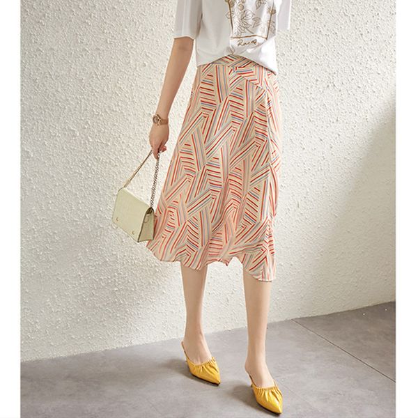 

2020 new women midi skirt color matching geometric stripes summer fashion a-line lady long skirts clothing, Black