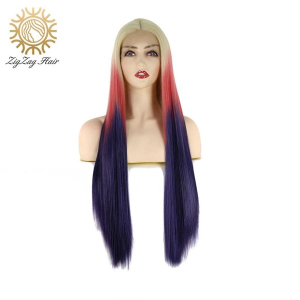 

synthetic wigs zigzag 3t 613 ombre pink blue wig glueless lace front for women long straight heat resistant fiber middle part, Black