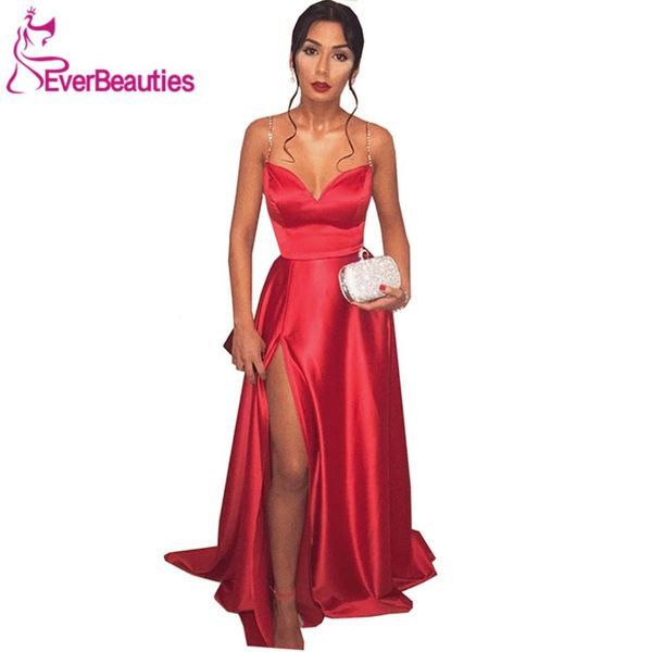 

charming a-line long prom dresses with side split sweetheart spaghetti straps satin red formal_dresses, White;black