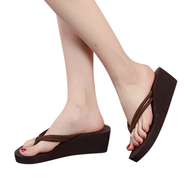 

sagace women's solid color non-slip feet flip-flops high-heeled wedges beach sandals fashion flat round toe slipper shoe outside, Black