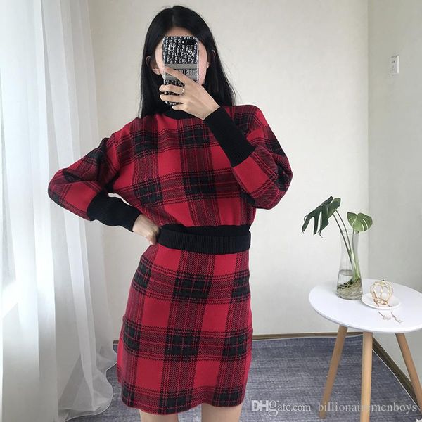 

plaid print womens 2pcs dresses fashion vintage panelled long sleeve short skirt womens 2pcs sweater dresses females clothing, White