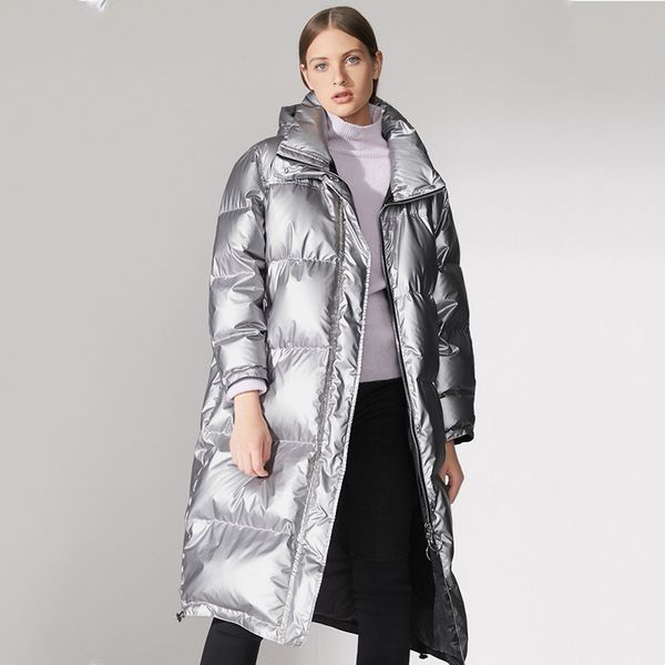 

winter popular simple&sunshine style oversize parkas with hooded slivery color womens long down jacket warm coat, Black