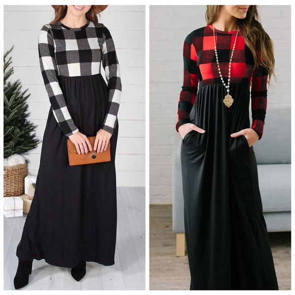 

women plaid patchwork maxi dress spring autumn o-neck long sleeve skater party buffalo dresses with poket ljja3577, White;black