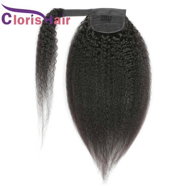 Cabelo de cavalo grosso yaki cabelo humano aro e laço apertador kinky reta extensões extensões clipe no envoltório virgem malaio em torno de rabo de pônei para mulheres negras