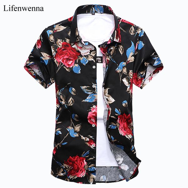 

7xl new summer fashion mens shirt slim fit short sleeve floral shirt mens clothing trend plus size men's clothing casual flower shir, White;black