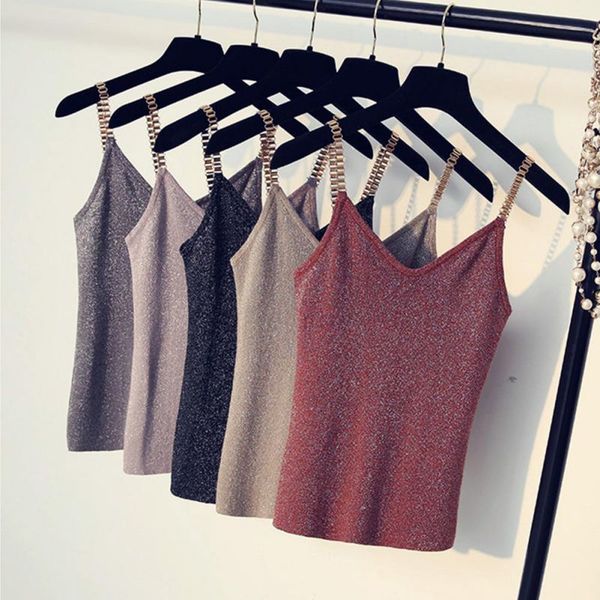 

tank women v-neck knitted camisole club spaghetti metal strap camis thin shiny glitter, White