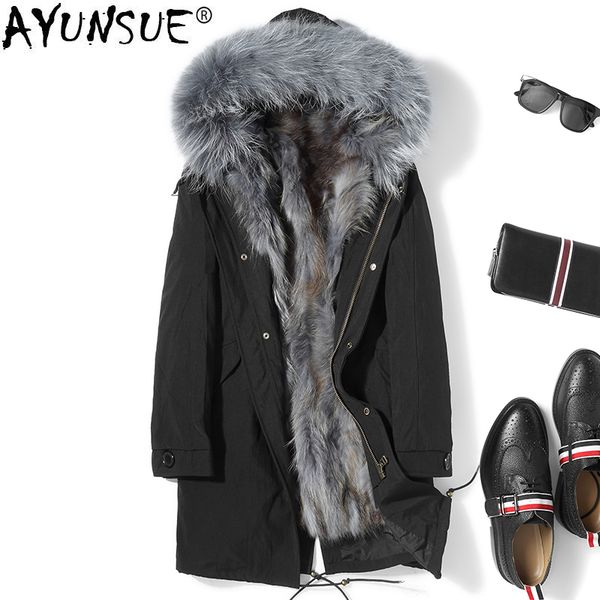 

ayunsue parka real fur coat men raccoon fur liner winter jacket men long warm parkas man korean manteau homme hiver kj1497, Black