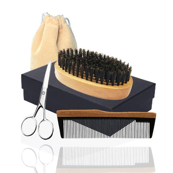 

new 5in1 boar bristle beard brush, horn wood comb & scissor box set bearded man facial makeup hair care styling grooming trimming company