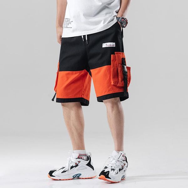 

januarysnow streetwear summer casual shorts men fashion ribbons pockets cargo shorts bermuda knee length patchwork men's shorts, White;black
