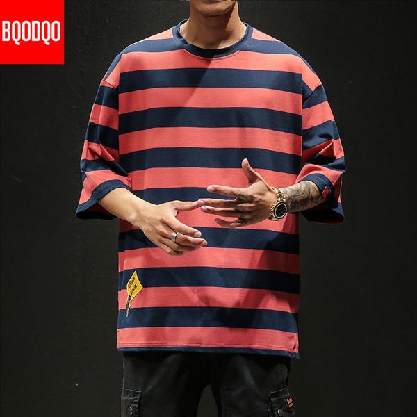 

hip-hop casual oversized fashion t-shirt blue summer streetwear harajuku t shirt male cotton short sleeve stripe fitness tee men, White;black