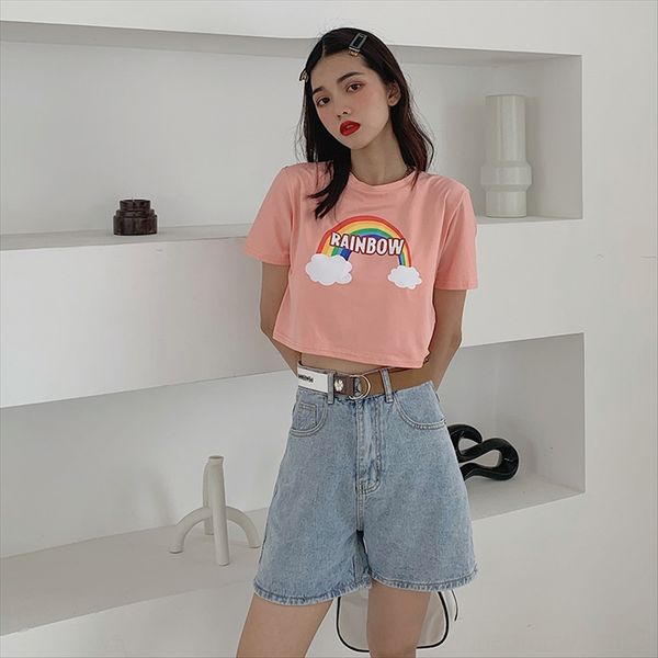 

with enjun] a581 summer sweet rainbow printed slim t-shirt scheming naked navel slim versatile short-sleeved female, White