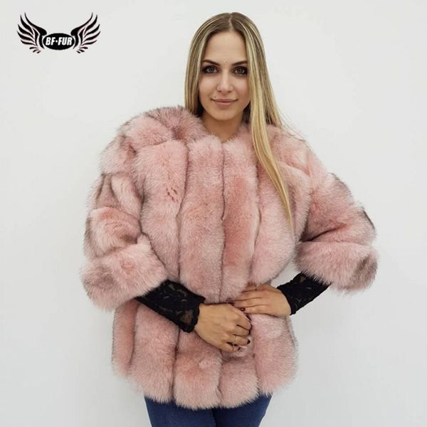 

bffur park with natural real fur coat pink jacket thick warm whole skin casual buxury brand jacket o-neck three quarter slim, Black