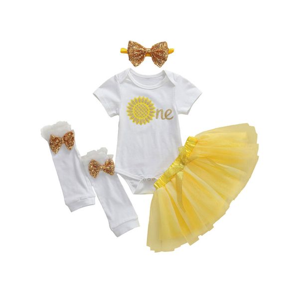 

summer baby girls 4pcs outfit short sleeve sunflower letter romper mesh skirt leggings bow headwear set 0-12m, White