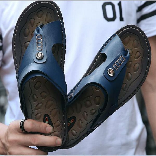 

taomengsi men's sandals 2018 summer new real leather men's casual air - ventilated sandal comfortable blue sandals size 38-44#, Black