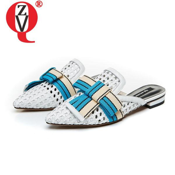 

zvq 2020 new fashion braided cowhide low heel slippers woman genuine leather patchwork pointed toe big size shoes 33-42, Black