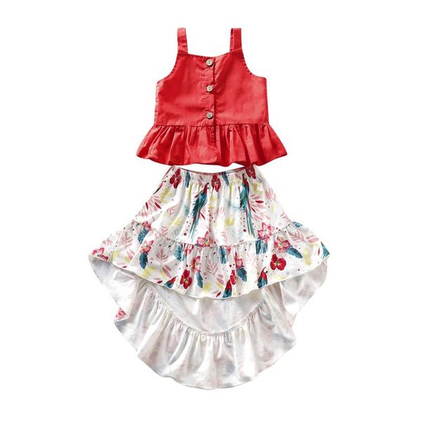 

baby girls casual summer strap blouse+irregular design floral print skirts suits costume set, White