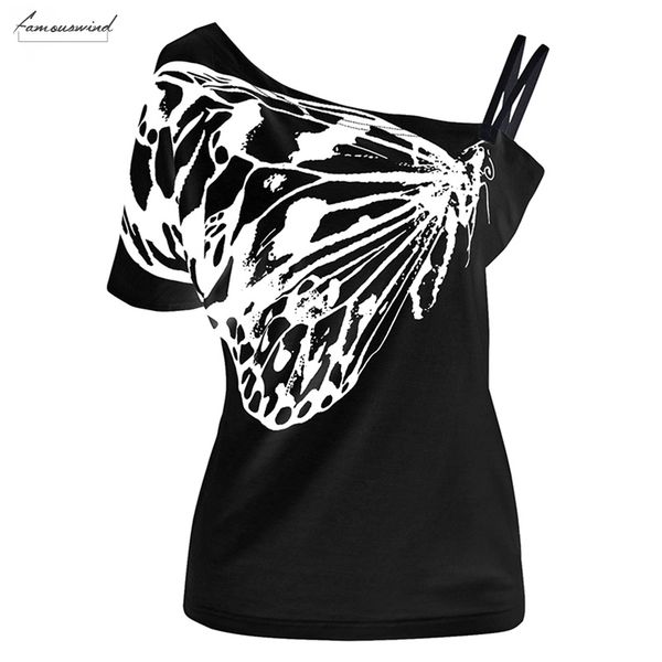 

футболка sexy ladies косой тройники бабочки printed ремень с коротким рукавом экипаж шеи топы женщины топы плеча drop доставка, White