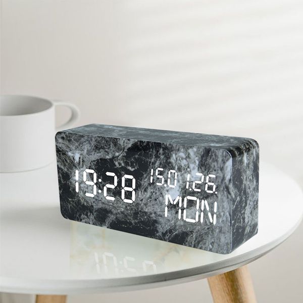 

bedroom square voice control bedside decorative marble vein electronic clock digital display calendar battery operated desktop