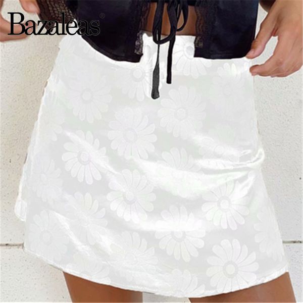 

skirts bazaleas vintage white daisy print aline skirt france high waist women short cute saia split, Black