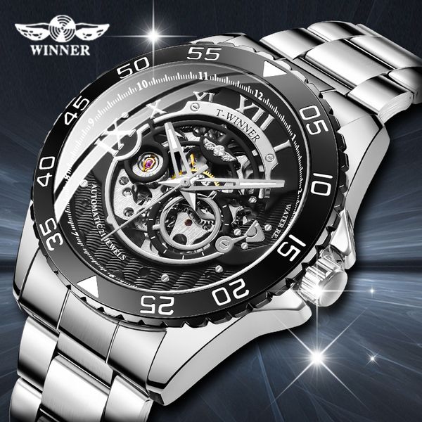 

top победитель mens стимпанк автоматическая skeleton часы спорт дизайн ободок часы мужские часы montre homme, Slivery;brown