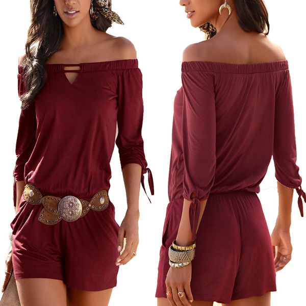 

women lady off shoulder half sleeve solid color jumpsuit for beach holiday xrq88, Black;white