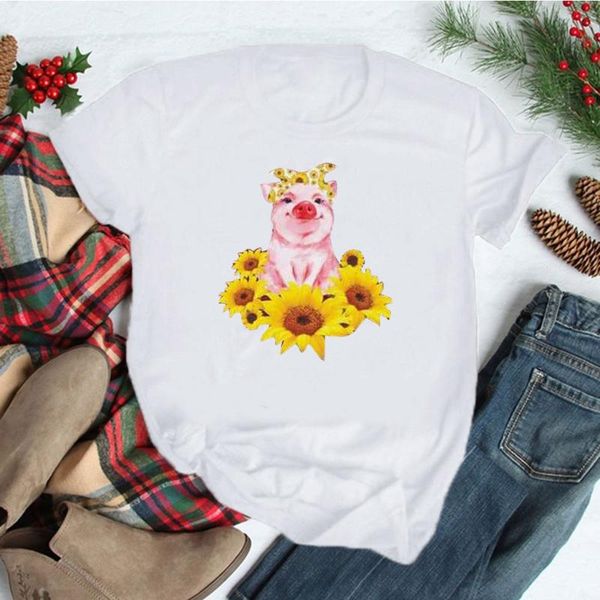 

harajuku shirt anime streetwear sunflowers and pigs printing summer short sleeve t-shirts camiseta mujer dibujo #30, White